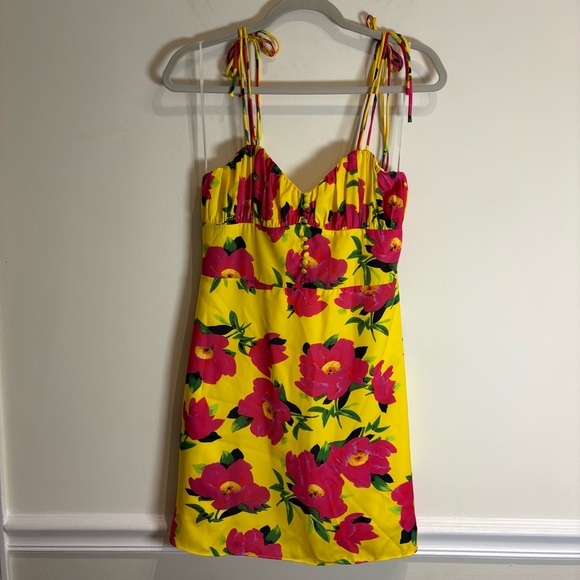 KOURT Dionne Bright Yellow Floral Print Satin Tie-Strap Mini Dress Size Small - Picture 4 of 10